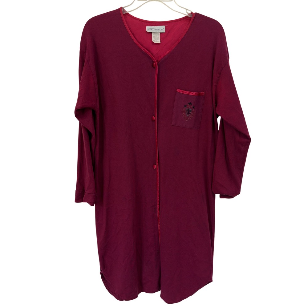 Nightflowers Vintage 90s Cotton Sleep Shirt Nightgown Berry Red Crest USA M